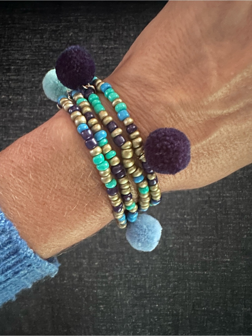 Seed Beed Stretch Wrap Bracelet / Necklace with Light & Navy Blue Pom-Poms